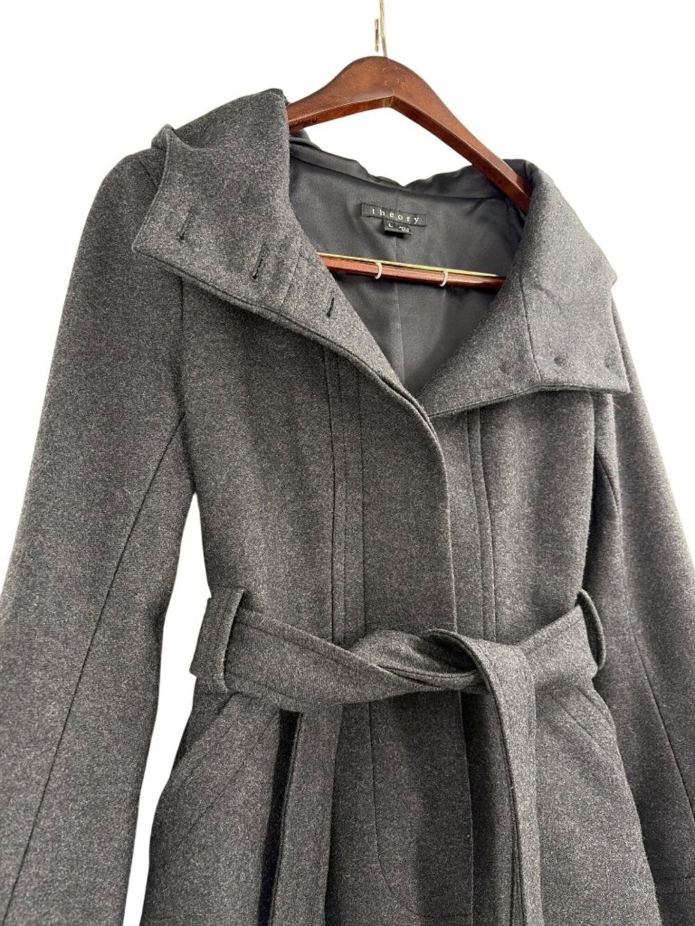 Theory Womens Large Wool Blend Gray Belted Coat Hooded Peacoat Capsule Wardrobe - Picture 5 of 7